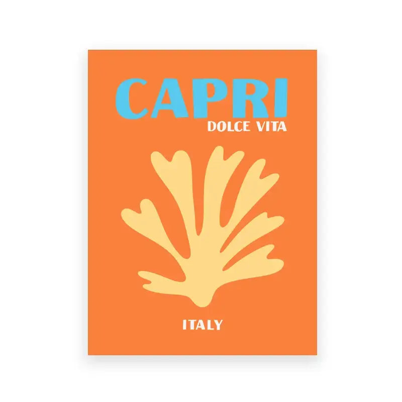 Orange rectangular beach travel poster with yellow coral design and blue capri text for living room decor by decorbites