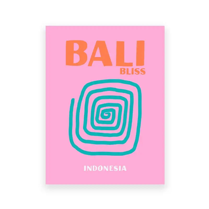 Pink rectangular DecorBites™ beach travel poster with bold orange bali bliss text and teal spiral for living room decor