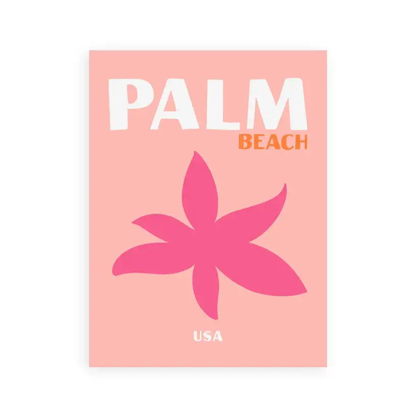 Pink rectangular DecorBites™ beach travel poster featuring bold white and orange text with a magenta starfish for living room decor