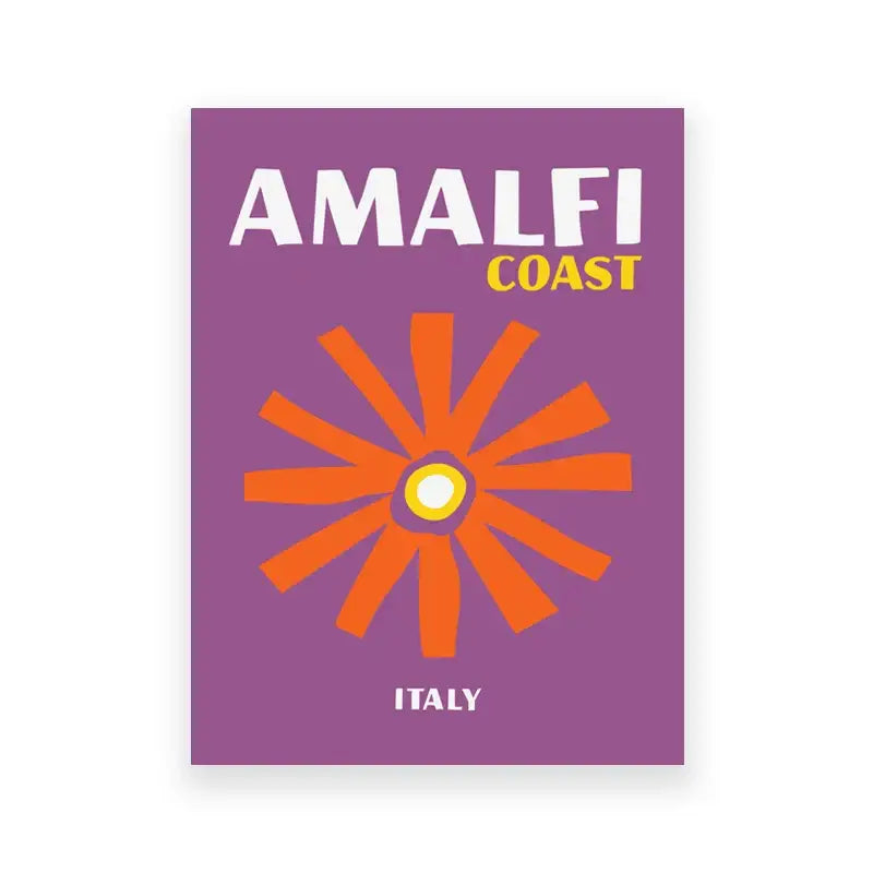 Purple rectangular DecorBites travel poster with white and yellow Amalfi Coast Italy text for living room decor