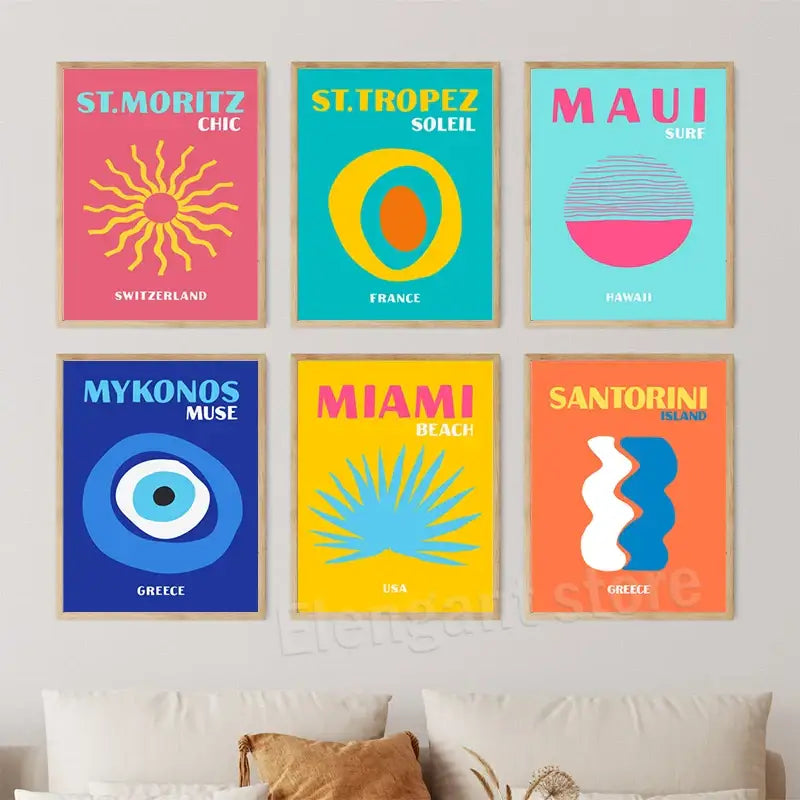 Set of six vibrant minimalist beach travel posters in wooden frames ideal for living room home decor by decorbites