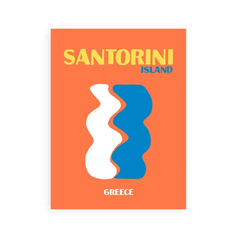 Vibrant orange DecorBites™ beach travel poster with stylized white and blue Santorini design for living room decor