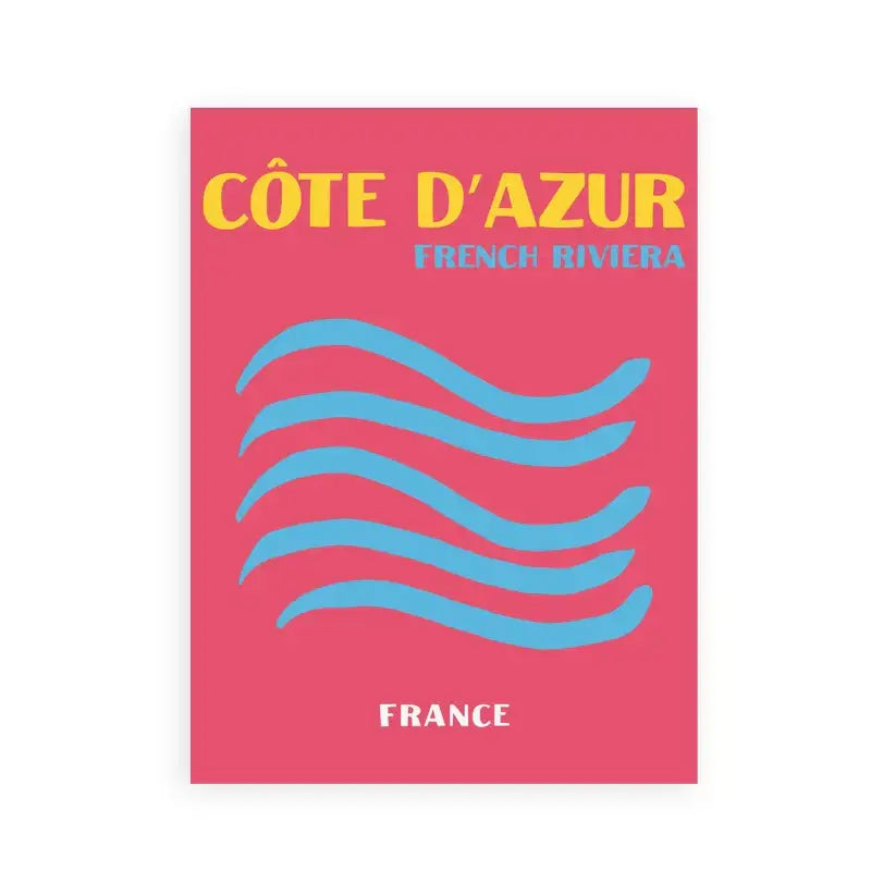 Vibrant pink DecorBites beach travel poster with bold yellow and blue text for living room home decor