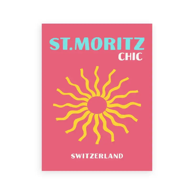 A vibrant pink rectangular DecorBites™ beach travel poster featuring a stylized yellow sun for living room decor