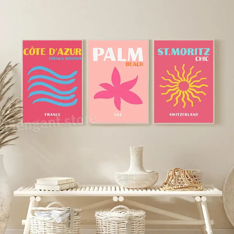 White woven vase with slender neck and bulbous base complementing DecorBites™ beach travel posters for living room decor