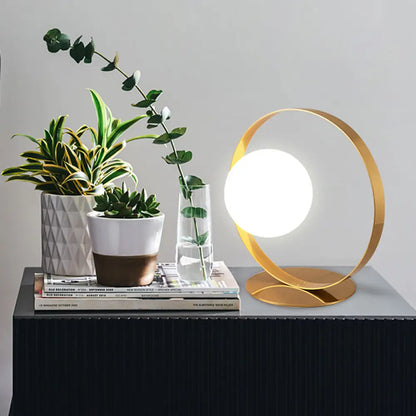 Beatrice - Gold Gold Ring Table Lamp Postmodern 1 Bulb Iron Nightstand Light with Ball Opaline Glass Shade