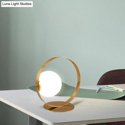 Beatrice - Gold Gold Ring Table Lamp Postmodern 1 Bulb Iron Nightstand Light with Ball Opaline Glass Shade