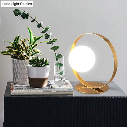 Beatrice - Gold Gold Ring Table Lamp Postmodern 1 Bulb Iron Nightstand Light with Ball Opaline Glass Shade