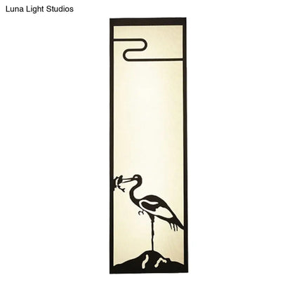Bedroom Crane Wall Mounted Lamp - Oriental Style, Black, with Cuboid Fabric Shade, 3-Light