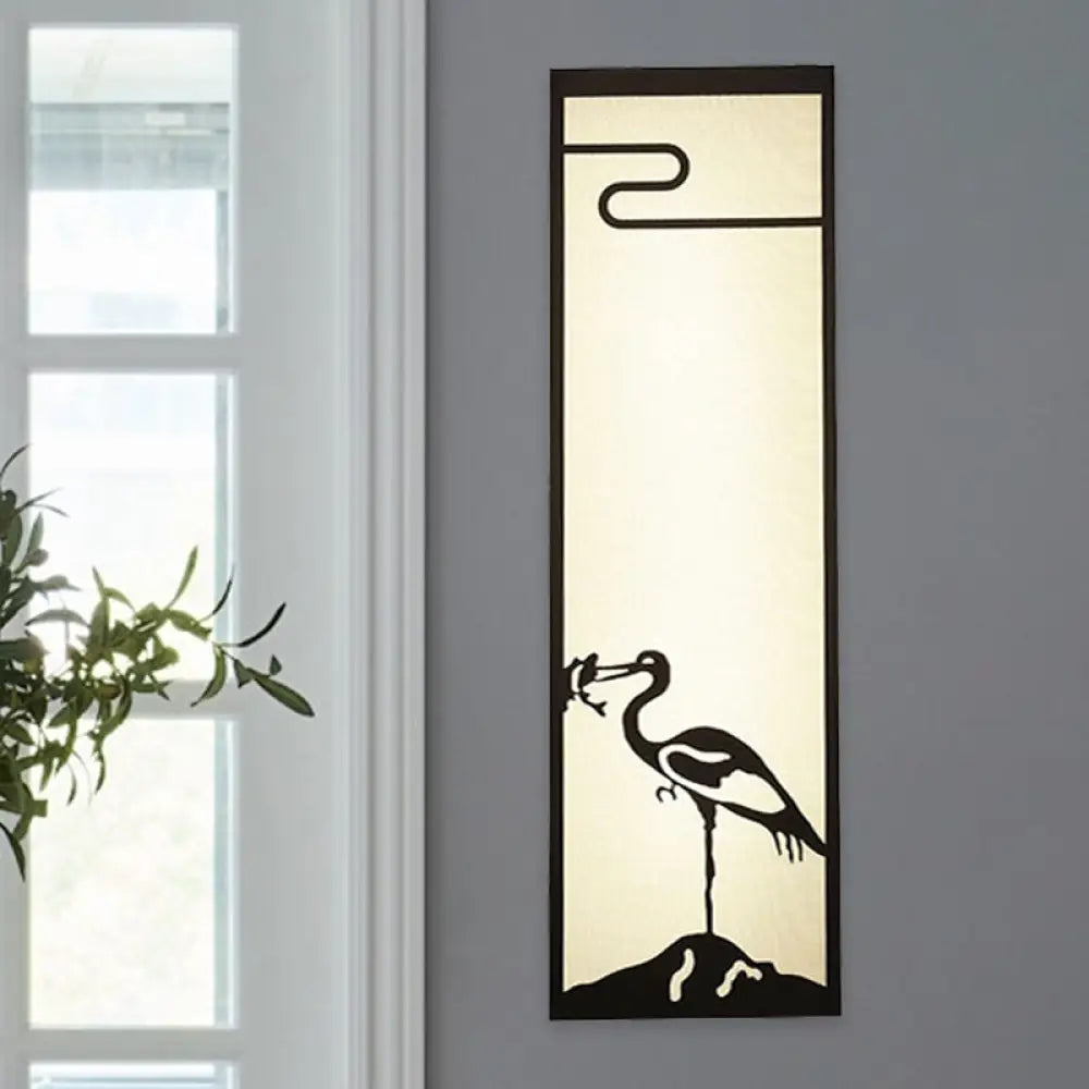 Bedroom Crane Wall Mounted Lamp - Oriental Style, Black, with Cuboid Fabric Shade, 3-Light