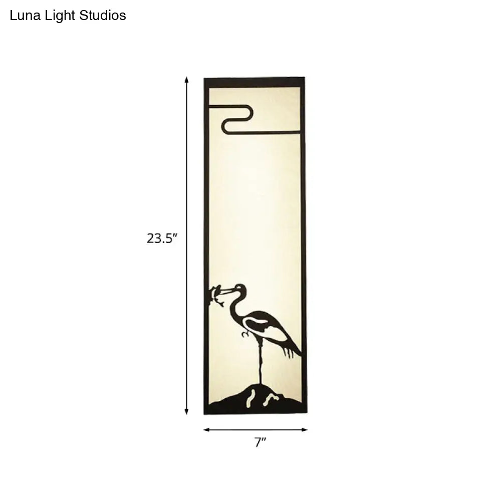 Bedroom Crane Wall Mounted Lamp - Oriental Style, Black, with Cuboid Fabric Shade, 3-Light