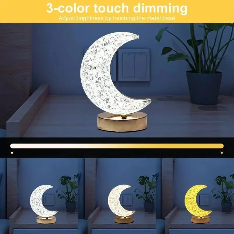 Bedroom Crystal Touch Dimming Night Light Girls Room Home Decor Aesthetics USB Bedside LED Ambient Table 3D Moon Lamp