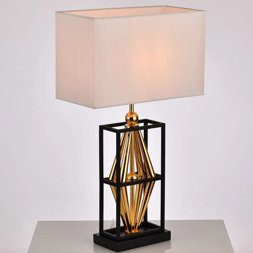 Bedroom Metal Table Lamp with Postmodern Design, White Night Lighting and Rectangle Fabric Shade