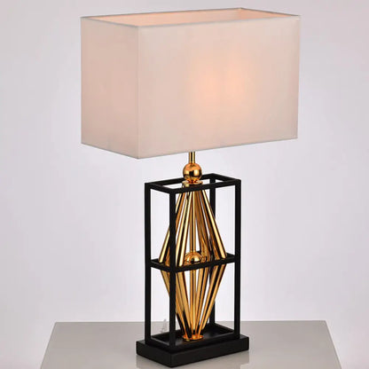 Bedroom Metal Table Lamp with Postmodern Design, White Night Lighting and Rectangle Fabric Shade