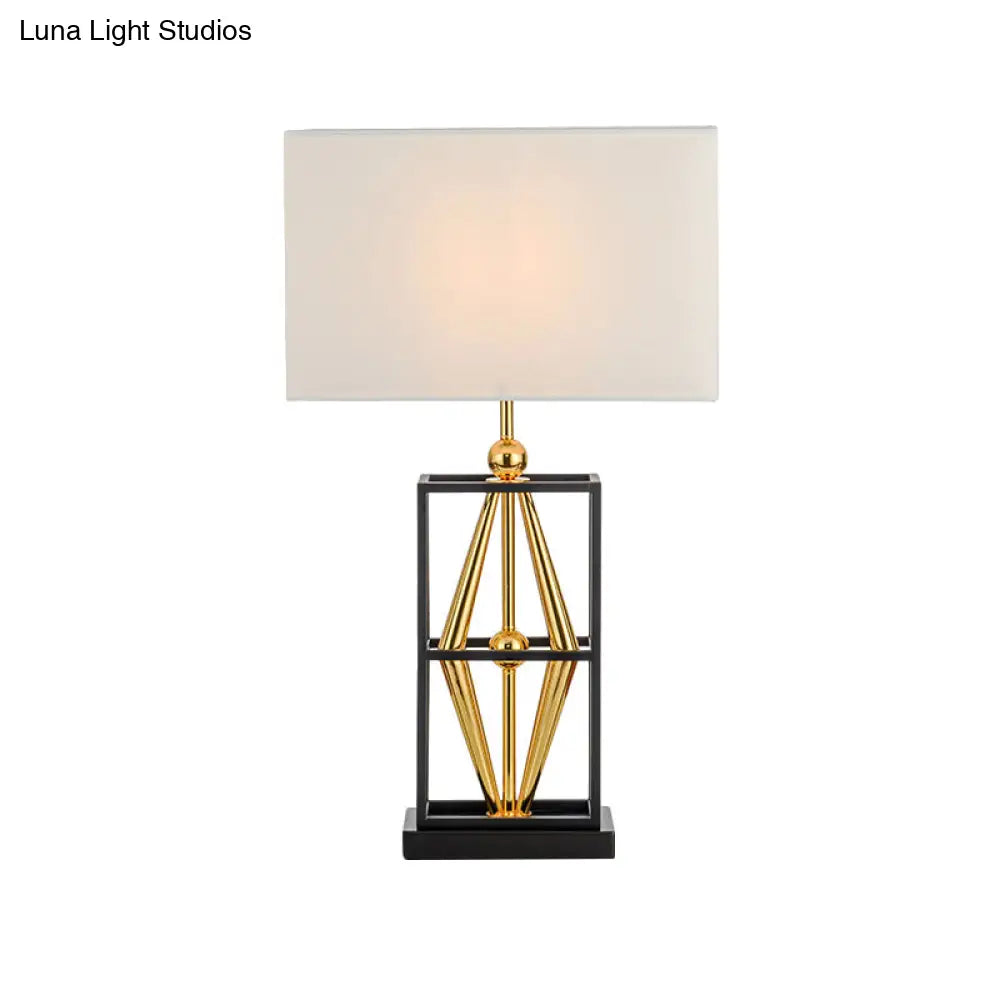 Bedroom Metal Table Lamp with Postmodern Design, White Night Lighting and Rectangle Fabric Shade