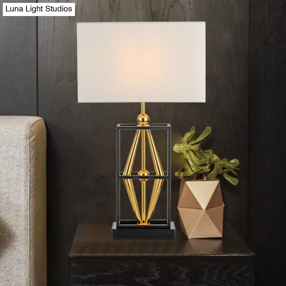 Bedroom Metal Table Lamp with Postmodern Design, White Night Lighting and Rectangle Fabric Shade