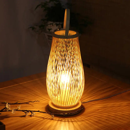 Bedroom Table Lamp - Asian Style Single Bulb with Beige Curved Handle, Basket Bamboo Shade