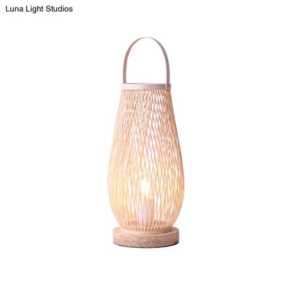 Bedroom Table Lamp - Asian Style Single Bulb with Beige Curved Handle, Basket Bamboo Shade