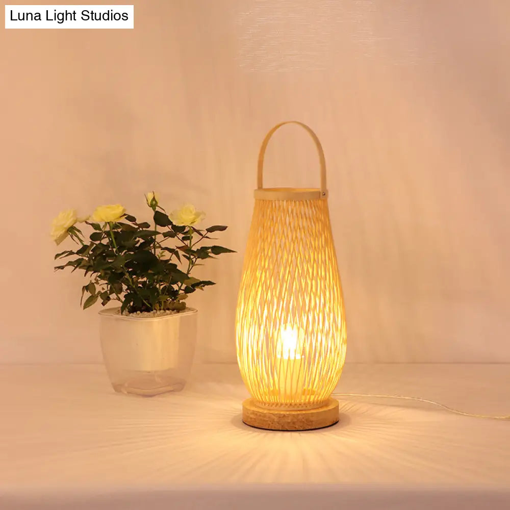 Bedroom Table Lamp - Asian Style Single Bulb with Beige Curved Handle, Basket Bamboo Shade