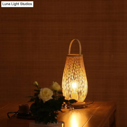 Bedroom Table Lamp - Asian Style Single Bulb with Beige Curved Handle, Basket Bamboo Shade