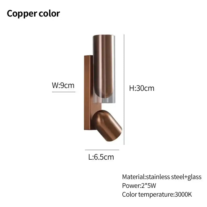Copper wall reading lamp with adjustable stainless steel and glass design for bedroom wall reading use