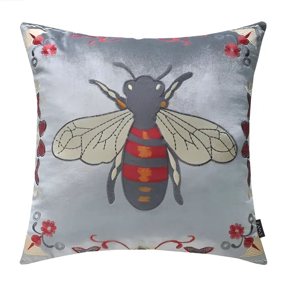 Silver velvet bee embroidery cushion cover with red and orange striped bee and floral motifs for living room decor