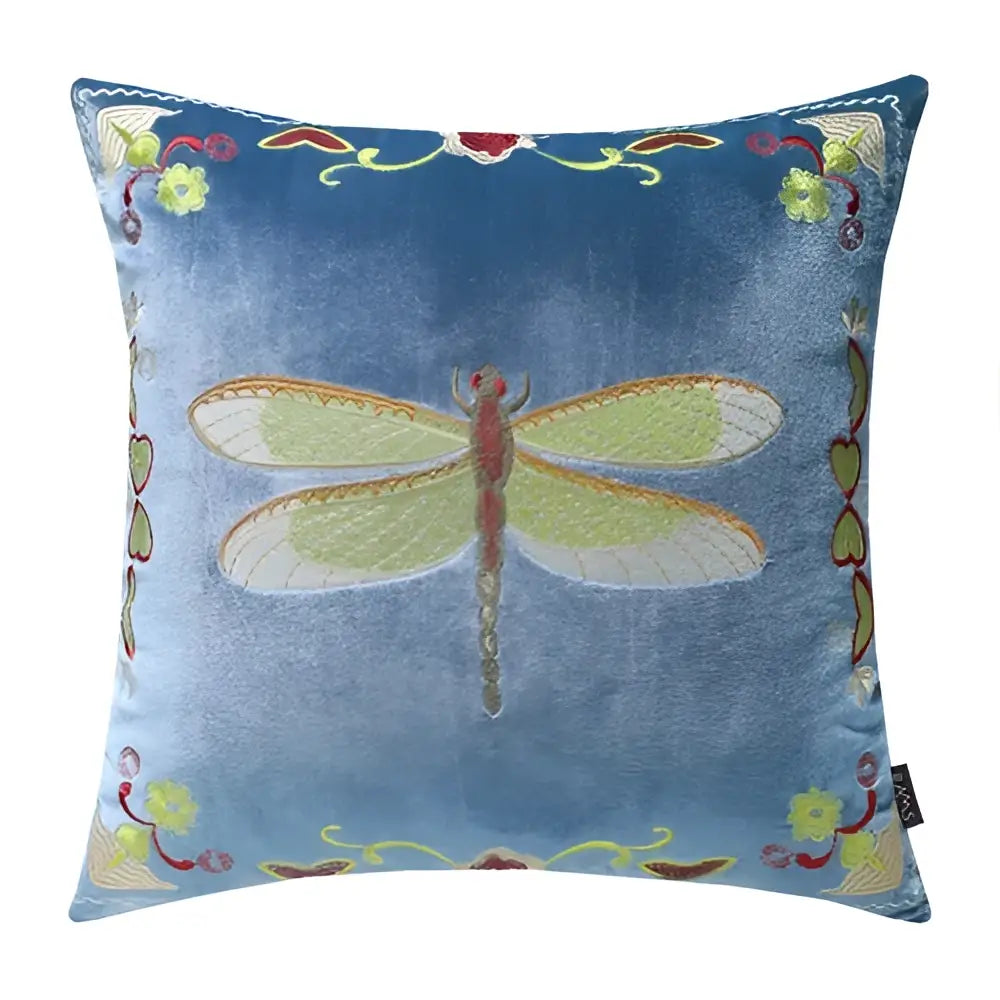 Blue velvet embroidery cushion cover with green winged dragonfly and floral bee embroidery cushion design for living room decor