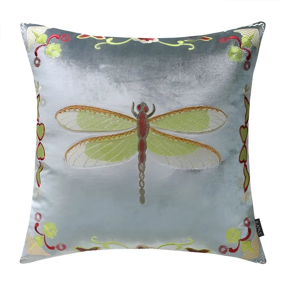 Silver velvet cushion cover with embroidered green-winged dragonfly and floral motifs for bee embroidery cushion decor