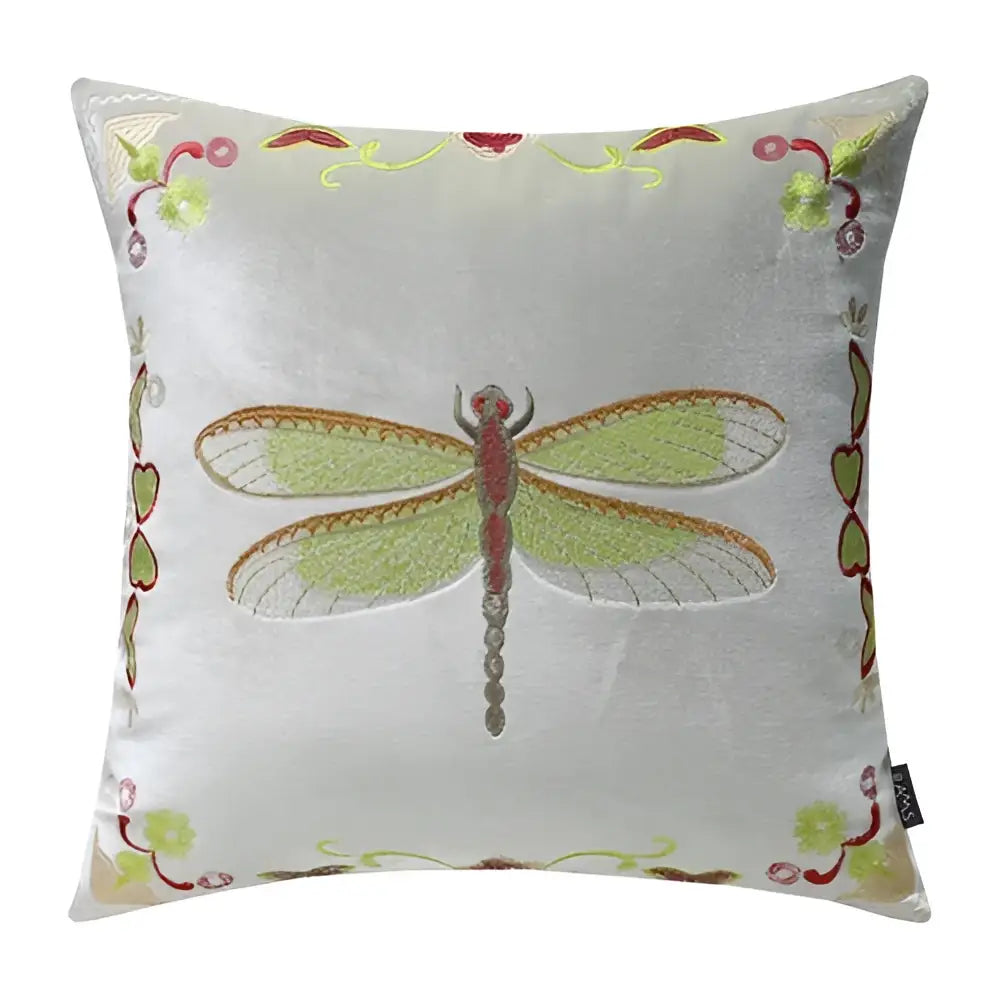 Silver velvet cushion cover with green and brown dragonfly and floral embroidery for bee embroidery cushion decor