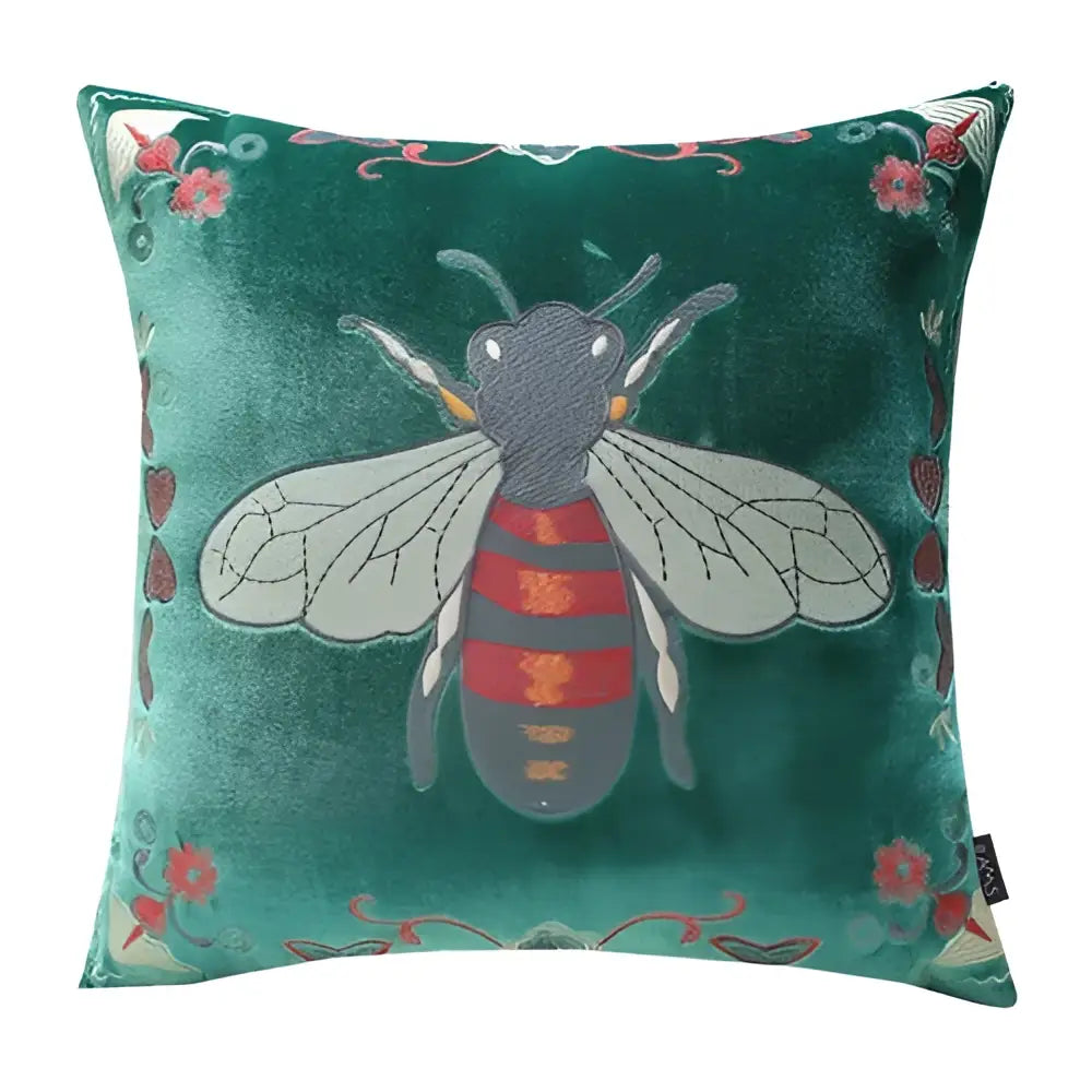 Emerald green velvet cushion cover featuring intricate bee embroidery with gray red and orange stripes for living room decor