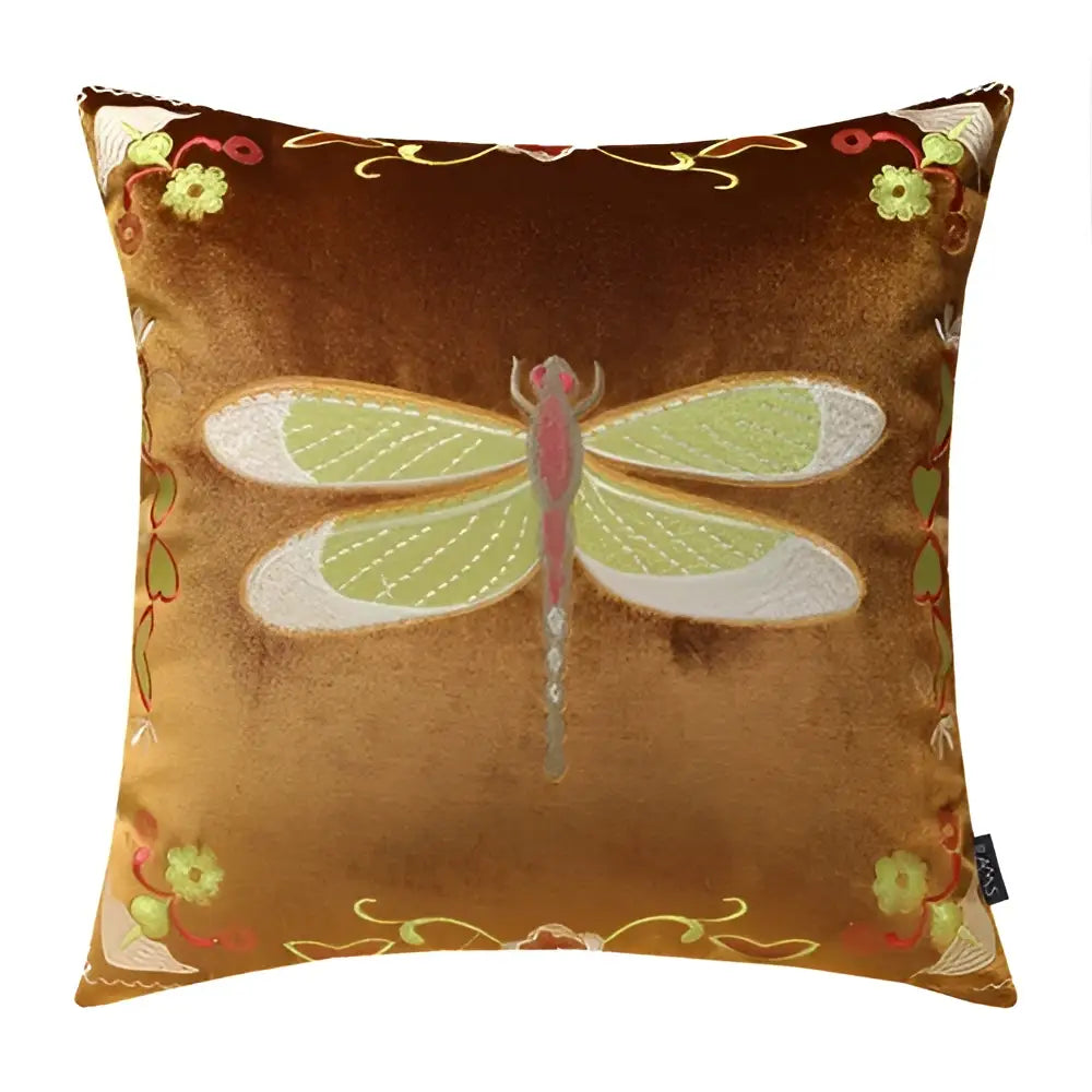 Brown velvet embroidery cushion cover with embroidered dragonfly and floral accents for living room decor