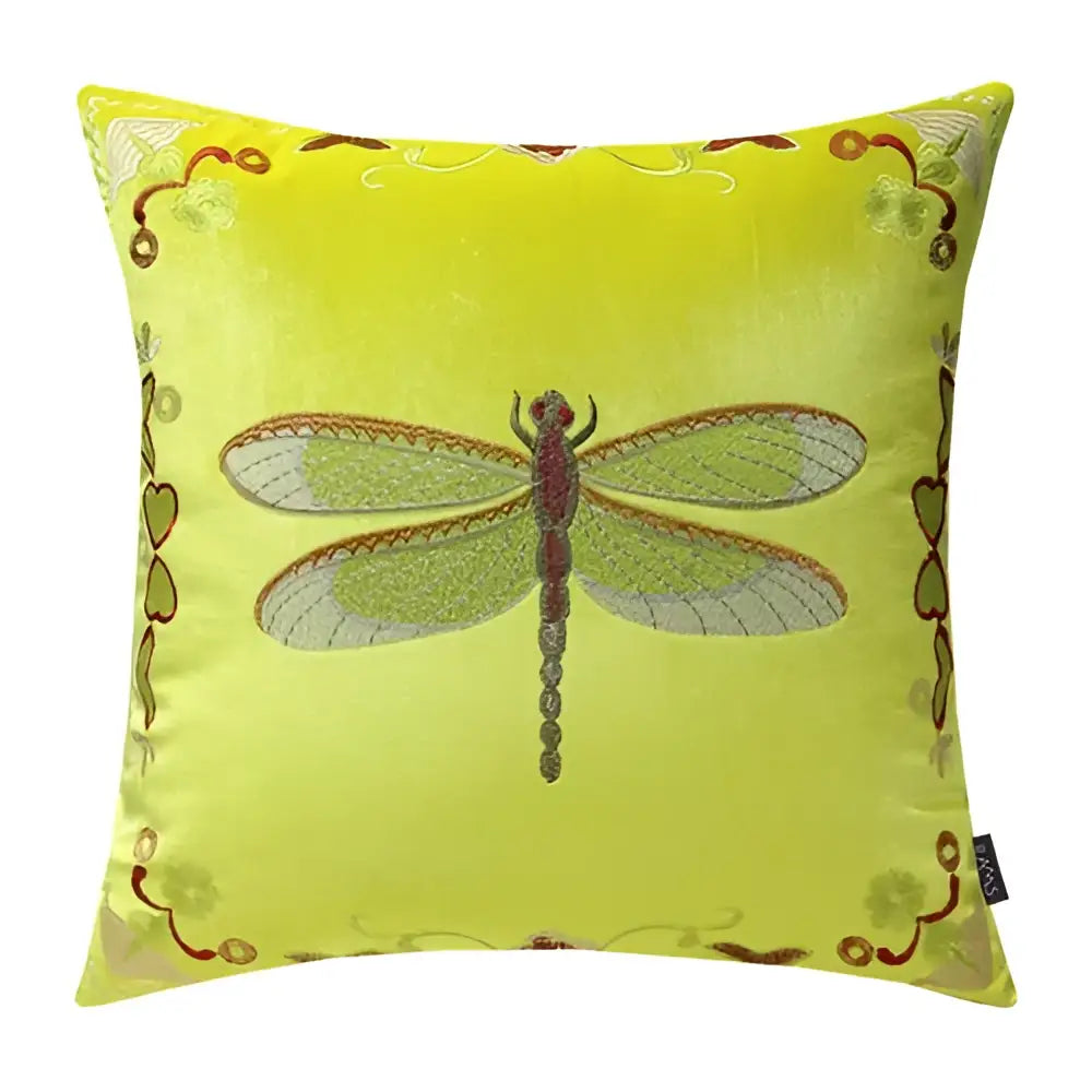 A vibrant lime green velvet embroidery cushion cover featuring an intricate dragonfly design for living room decor