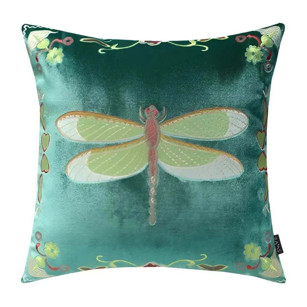 Emerald green velvet cushion cover with intricate embroidered dragonfly and bee embroidery cushion design for living room decor