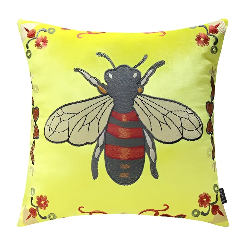 A yellow and green bee embroidery cushion cover with floral patterns for living room decor
