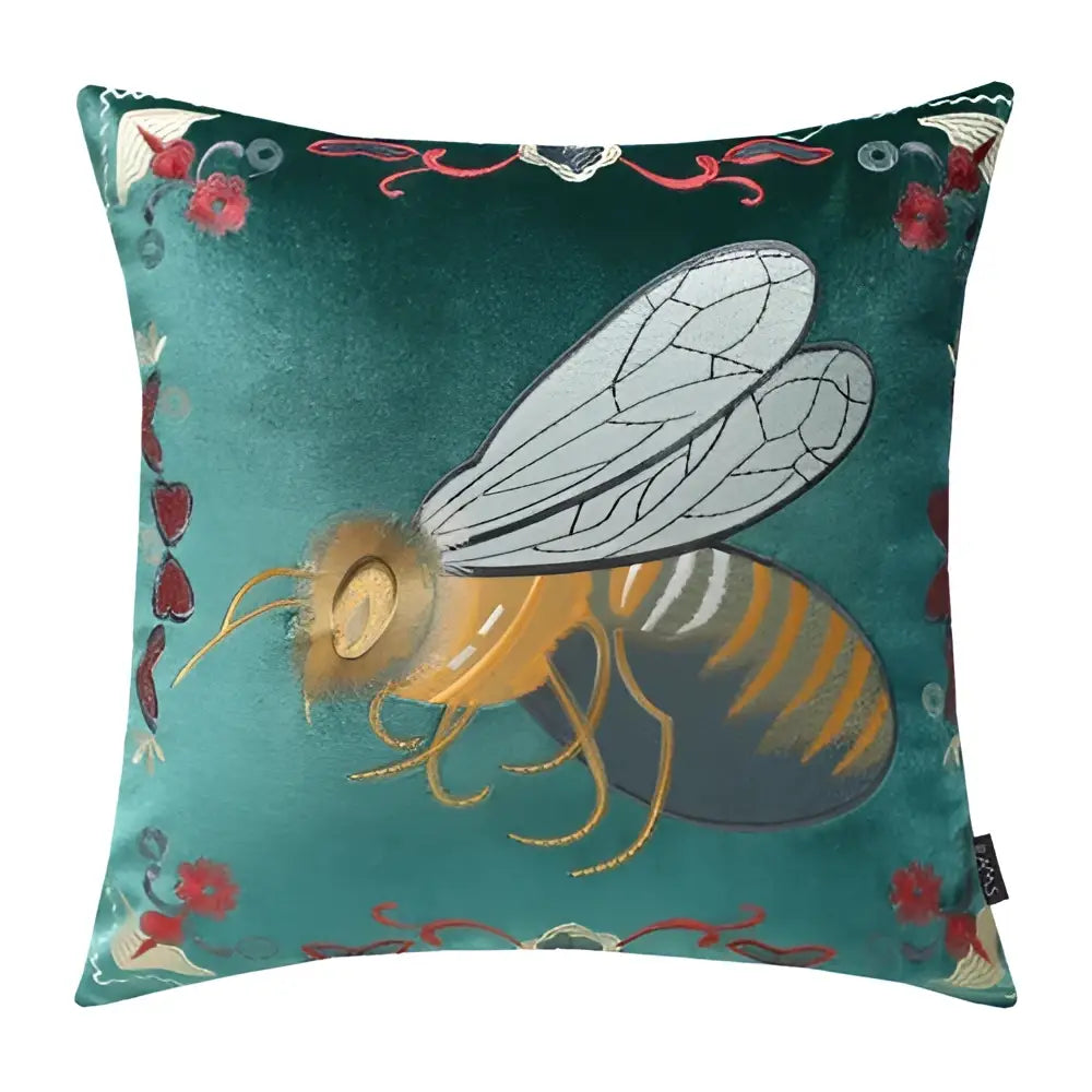 Teal velvet cushion cover with bee embroidery cushion featuring silver wings and golden yellow stripes for living room decor