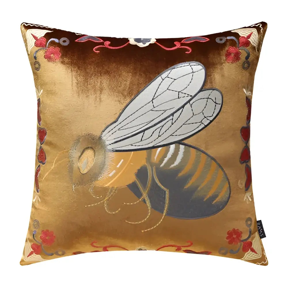 Golden velvet cushion cover with detailed bee embroidery and red floral motifs for yellow green and blue living room decor