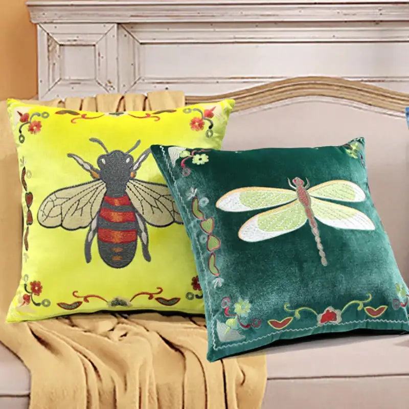 Vibrant yellow and green velvet bee embroidery cushion cover with floral borders for living room decor