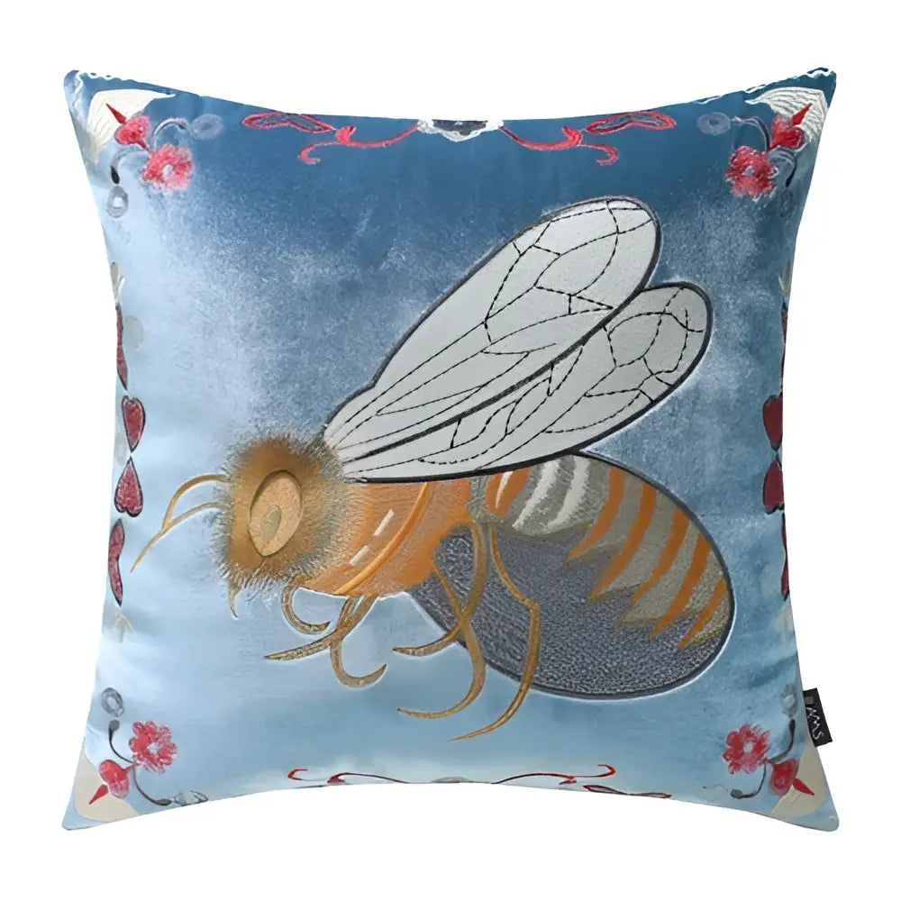 Blue velvet cushion cover with bee embroidery and pink floral accents for yellow green and blue living room decor