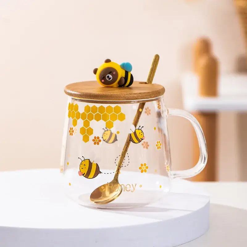 Bee glass spoon milk cup clear glass mug with yellow bee hexagon patterns wooden bamboo lid and gold spoon