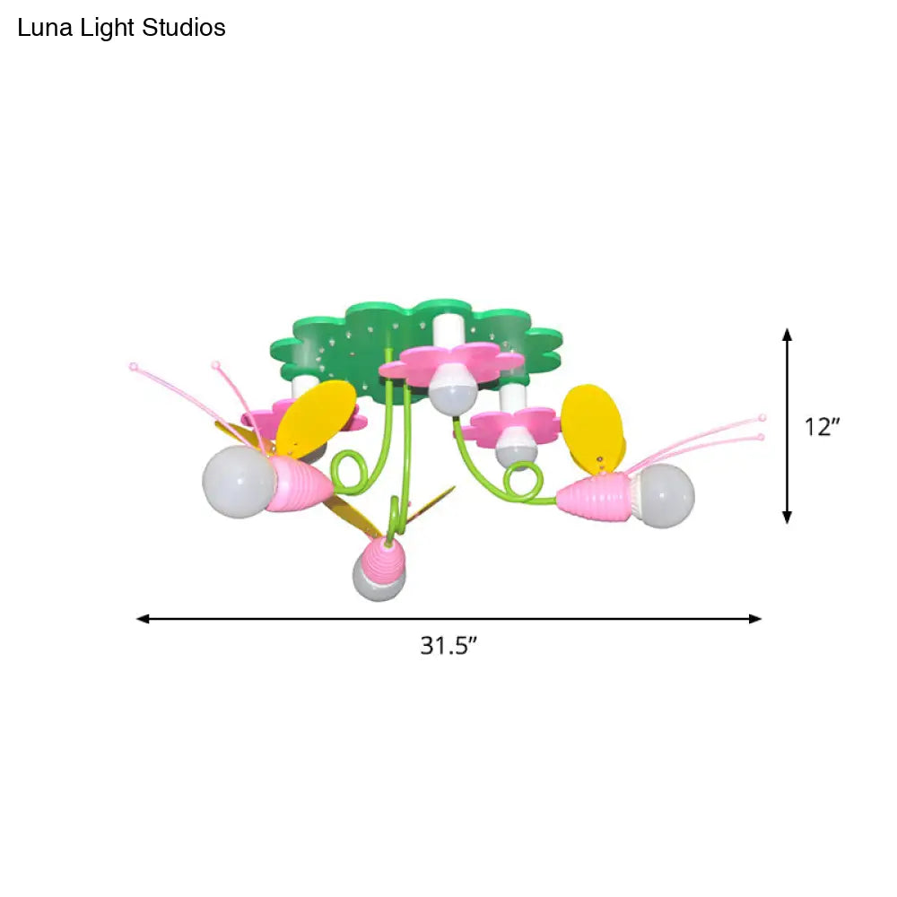 ديكوربايتس™ مصباح سقف نصف مسطح خشبي مستوحى من النحل من ديكوربايتس™ مع 6 رؤوس خضراء ووردية على شكل رسوم متحركة