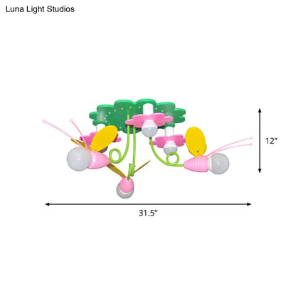 ديكوربايتس™ مصباح سقف نصف مسطح خشبي مستوحى من النحل من ديكوربايتس™ مع 6 رؤوس خضراء ووردية على شكل رسوم متحركة