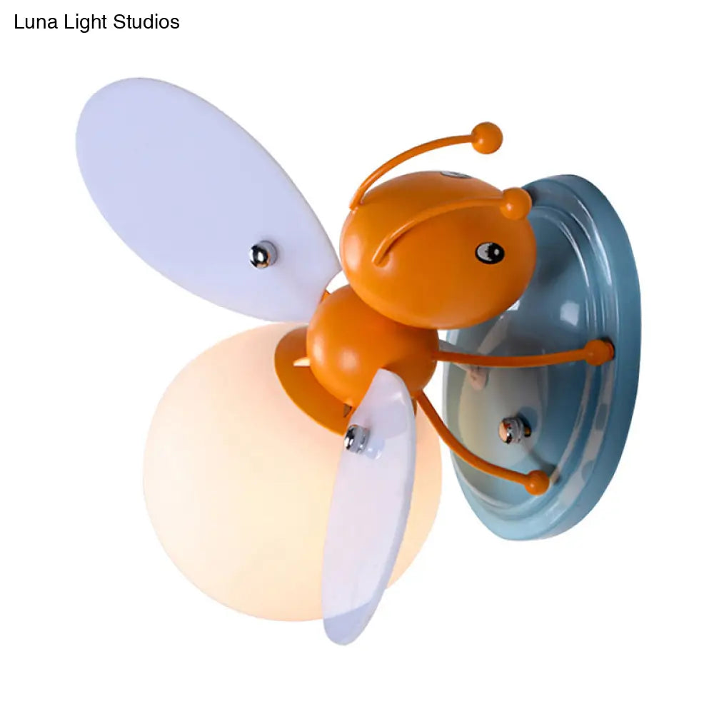Bee Shaped Child Room Sconce Lighting: Modern Metallic Wall Light with Cream Glass Shade in Yellow