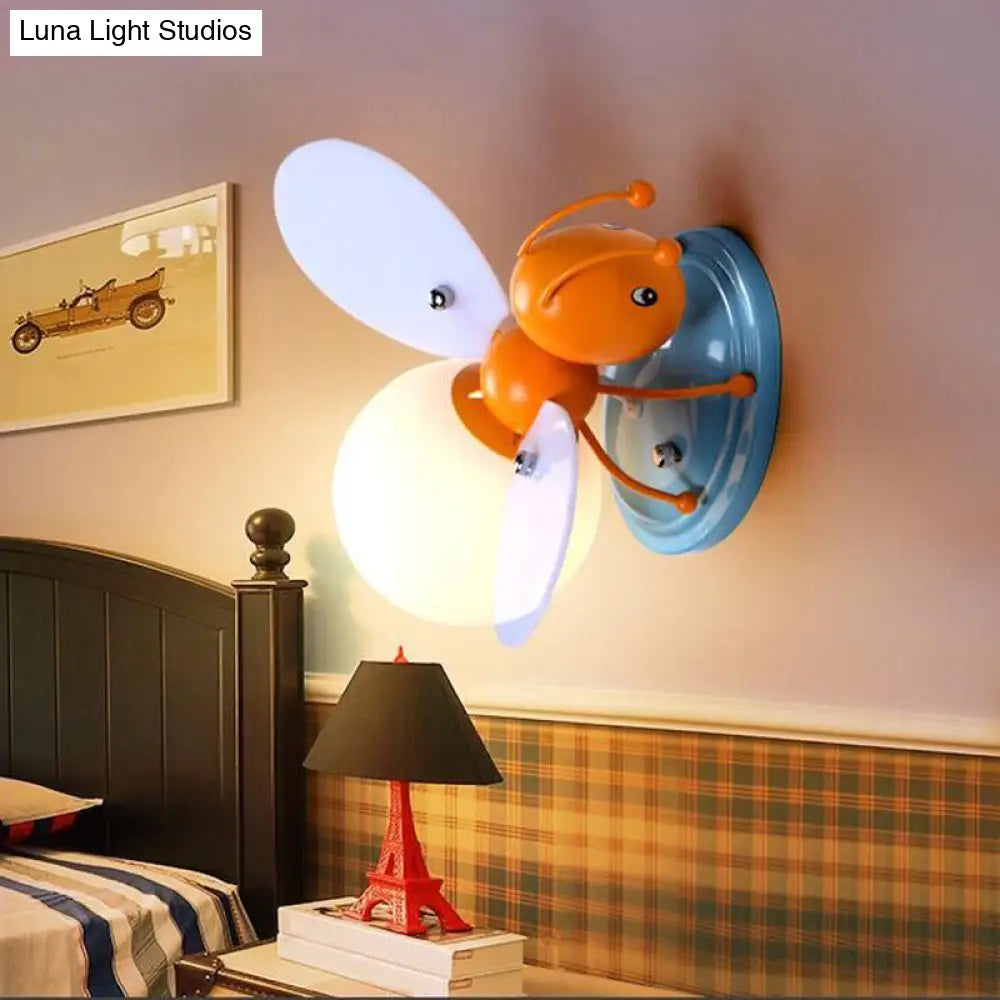 Bee Shaped Child Room Sconce Lighting: Modern Metallic Wall Light with Cream Glass Shade in Yellow