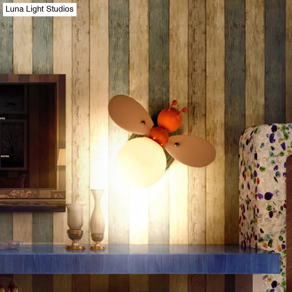 Bee Shaped Child Room Sconce Lighting: Modern Metallic Wall Light with Cream Glass Shade in Yellow