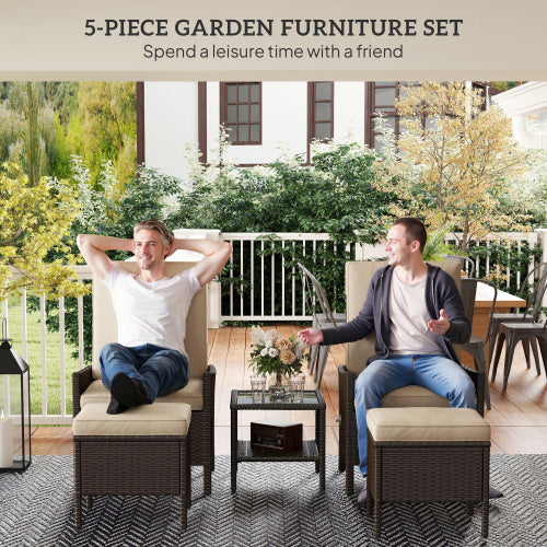 Outsunny 5-teiliges Rattan-Gartenmöbel-Set, Flechtpatio-Sofaset mit 2 Sesseln, 2 Fußschemeln, Couchtisch mit Glasplatte und Regal, Außenmöbel mit verstellbaren Rückenlehnen, Kissen, Khaki