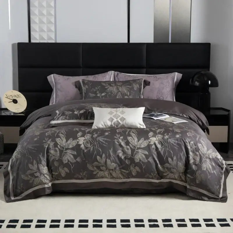 Elegant dark gray floral bedding set with silver leaf patterns and white accent pillow in lyocell cotton decorbites butterfly jacquard style