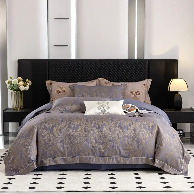 Elegant lavender and gold bedding set with decorbites butterfly jacquard lyocell cotton and black quilted headboard backdrop