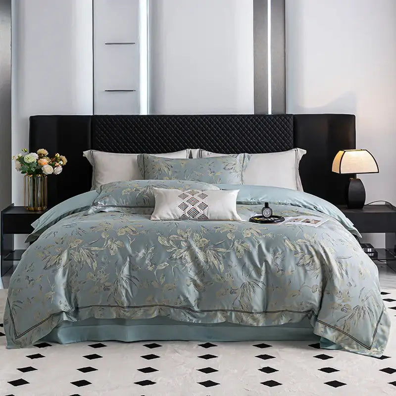 Light blue satin duvet cover with gold floral embroidery from beige and gold butterfly lyocell cotton bedding set decorbites butterfly jacquard