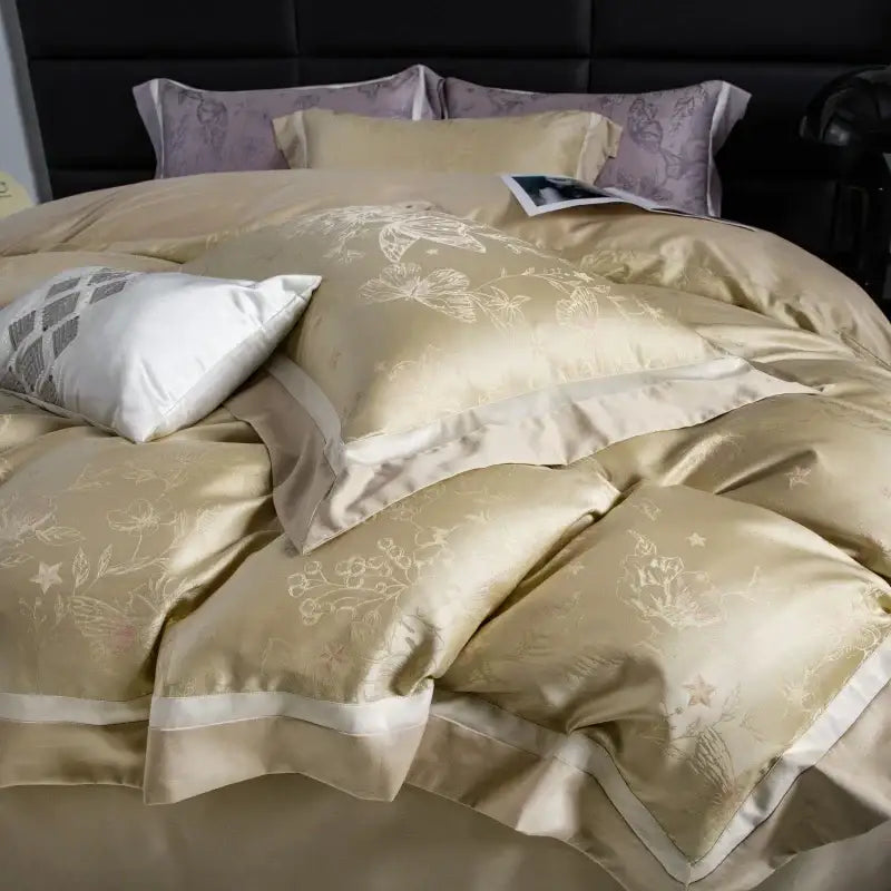 Beige and gold butterfly lyocell cotton bedding set with luxurious satin duvet and cream floral embroidery decorbites butterfly jacquard