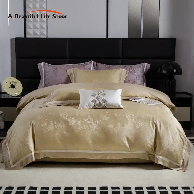 Beige satin duvet cover bedding set with subtle gold butterfly embroidery lyocell cotton decorbites butterfly jacquard